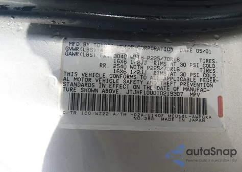 2001 Lexus Rx 300 from USA, damaged, VIN JTJHF10U010219307